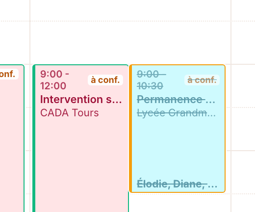 Créneaux d’actions dans l’agenda : intervention scolaire et permanence, avec structure partenaire, état « à confirmer » et personnes mobilisées.
