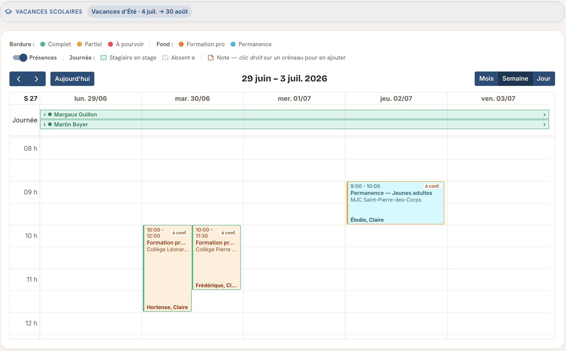 Agenda hebdomadaire de la plateforme : semaine du 29 juin au 3 juillet 2026, légende des états d’effectif et des catégories d’action, bandeau des présences par jour, puis créneaux d’actions avec structure partenaire et personnes mobilisées.